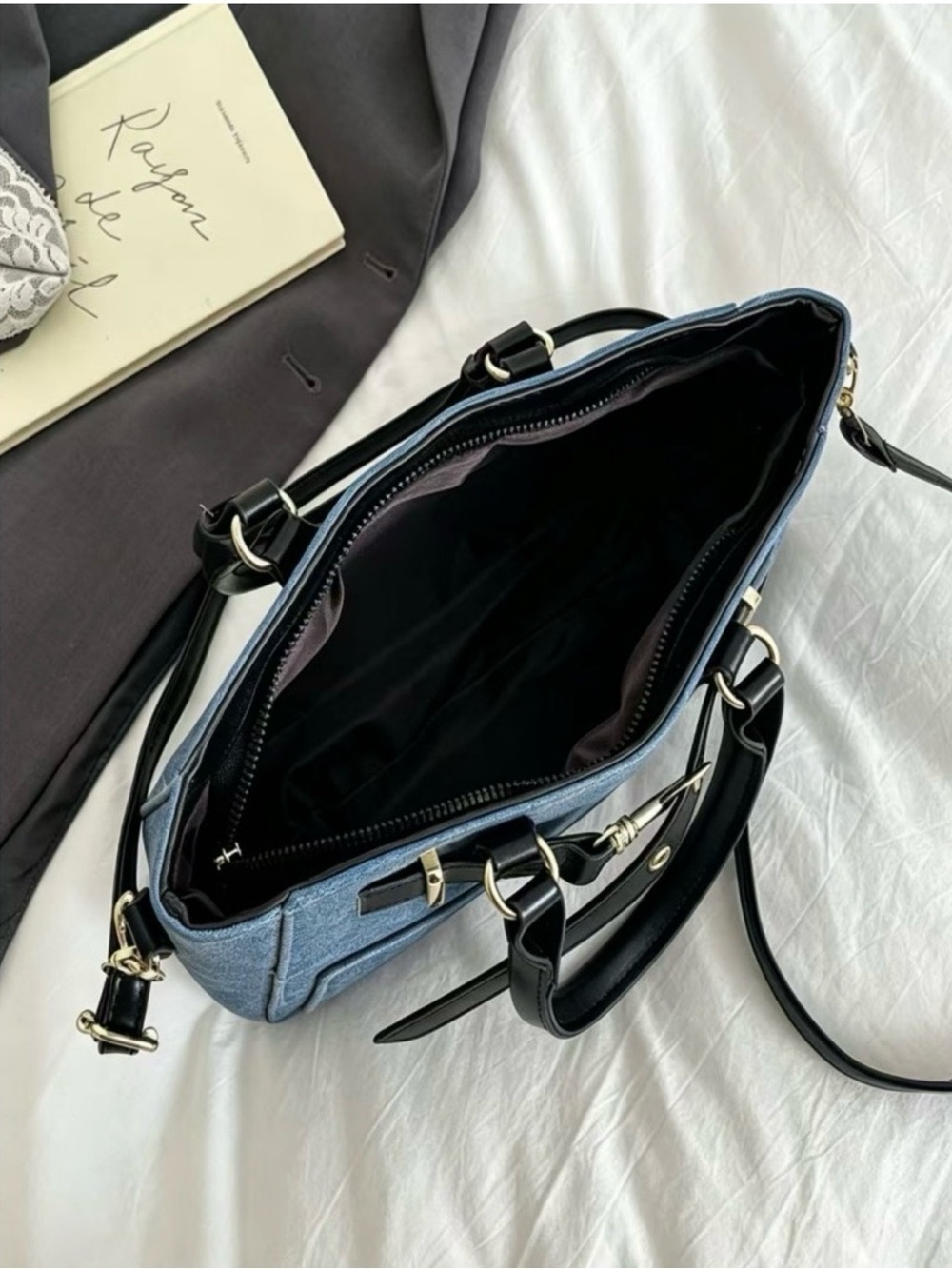 New Zenana denim pocket patch tote bag with Crossbody - Picture 4 of 5